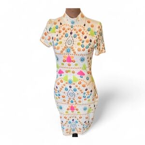 Banjul Women's Multicolor Body Con Patterned Rhinestone High Neck Mini Dress